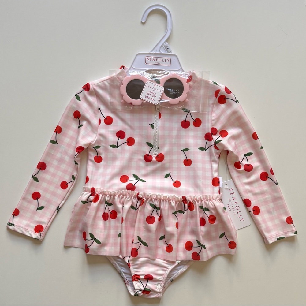 Seafolly Girls Long-Sleeve Flounce Cherry Gingham Paddlesuit & Sunglass Set- 24M